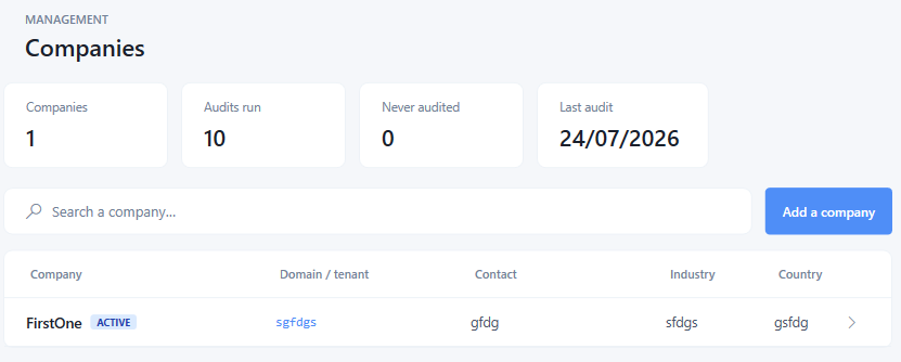 Client list with per-company audit counts and scores